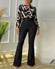Autumn Women Elegant Outfit Set Printed Stand Collar Long Sleeve Shirt Top Straight‑leg Pants Casual Two‑piece Set