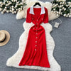 French Style Vintage Panelled Moda Dress Turn-down Collar Puff Sleeve Slim Vestidos Elegant Vent Knit Femme Robe