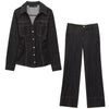 Black Denim Pant Sets Women's Two Pieces Set Slim Long Sleeve Shirt 2 Piece Sets Woman Outfit High Waist Flare Trousers Set