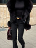 Black Faux Fur Collar Leather Jacket Elegant Lapel V-neck Waist Cinching Long-sleeved Short Coats Lady Winter Commute Coat