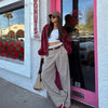Women Stand Collar Leather Pilot Jacket Red Zipper Cropped Coat Casual Outerwear Streetwear