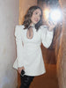Puff Sleeve Contrast Color Mini Dress Female Retro Elegant Stand Collar Hollow Lace Up A-Line Dress Tight Waist
