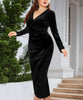 Elegant Velvet Bodycon Dress Women Sexy Wrapped V-neck Long Sleeve Ruched High Waist Midi Dress Party Cocktail Dresses Vestidos