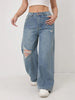 Wide Leg Distressed Straight Jeans for Women Elastic Casual Bootcut Denim Pants Ladies Jeans