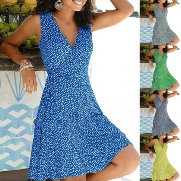 Dresses for Women Casual Plus Size Women's Floral Wrap V Neck Midi Dress A Line Swing Cap Sleeve Midi Vestidos De Fiesta
