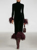 Elegant Feather Splicing Slim Long Dress Women's Casual Temperament Velvet Dresses Stand Collar Solid Color Gowns Dress