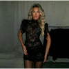 Sexy Lace See Through Party Dress Women Slim Fly Sleeve O-neck Evening Solid Dresses Female Patchwork Pleated Robe Lady
