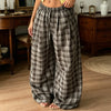 Women Vintage Aesthetic Casual Plaid Print Barrel Pants Drawstring Elastic Waist Loose Straight Pants with Pockets Streetwear