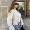 Women's Cropped Loose Jackets Red Grey Off White Black Outerwear Oversized Zip Up Long Sleeve Top Chic Bomber Baseball Coat