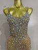 Sparkly Silver Rhinestones Mesh Stretch Long Dress Women Sexy Eveing Celebrate Birthday Party Nightclub Bar Stage Costume