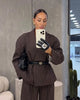 Women Black Pinstripe Two Piece Suit Belted Wrap Blazer Wide Leg Pants Autumn Office Formal Business Outfit Sets