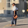 Women High Waist Patchwork Wide Leg Denim Trousers Jeans Retro Casual Elastic Waist High Street Pockets Loose Jeans