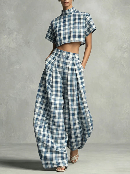 Women's Blue Plaid Two Piece Set Mock Neck Crop Top High Waisted Wide Leg Pants Casual Elegant Outfit