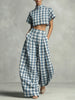 Women's Blue Plaid Two Piece Set Mock Neck Crop Top High Waisted Wide Leg Pants Casual Elegant Outfit