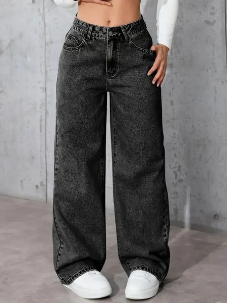 Wide Leg Distressed Straight Jeans for Women Elastic Casual Bootcut Denim Pants Ladies Jeans