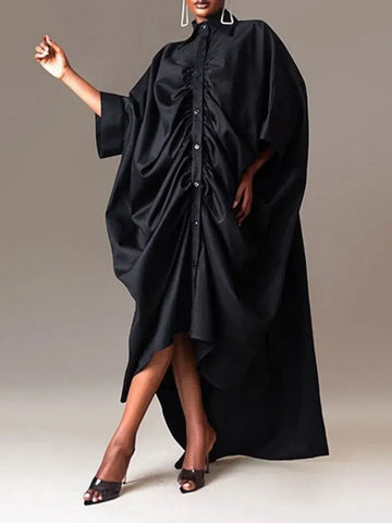 Women's Pleated Black Dresses Long Sleeves Buttoned Solid Color Casual Oversize Lapel Shirts Dress