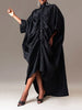 Women's Pleated Black Dresses Long Sleeves Buttoned Solid Color Casual Oversize Lapel Shirts Dress