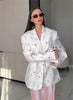 Flowers Print Loose Suit Collar Coat For Women Elegant Belted Waist Cinching Suit Jacket Female Street Chic Top
