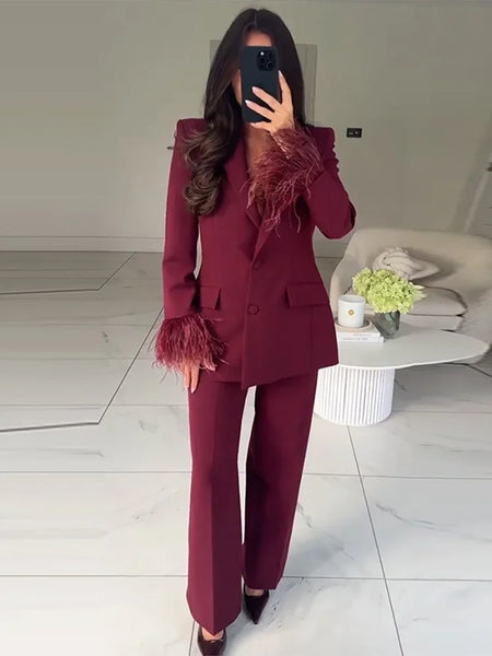 Elegant Feathers Women Blazer Pants Suit Lapel Single-breasted Coat Straight Wide Leg Trousers Sets Autumn Female Outfits