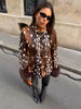 Deer Print Faux Fur Cropped Jacket Women Blue Contrast Lapel Cuff Button Up Fluffy Warm Coat Winter Casual Street Outwear