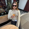 Fuzzy Frog Button Women's Knit Cardigan Long Sleeve Loose Cropped Cardigan Solid Relaxed Knit Top Daily Jackets