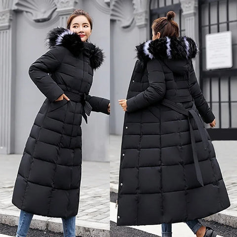 Winter Women's Jacket Warm Comfortable Bow Belt Fox Fur Collar Clothes Long Dress Office Casual Women's Thick Coat