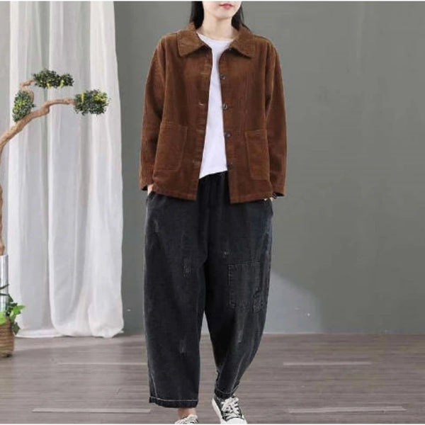 Women Corduroy Jacket Korean Version Retro Versatile Casual Jacket With Pockets Solid Loose Top Outerwear Coat S-6XL