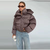 Solid Hooded Cropped Puffer Jacket Women Stand Collar Snap Button Loose Long Sleeve Jackets Winter Casual Warm Padded Coat