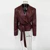 Burgundy PU Jacket Women Autumn Slim Lace Up Blazer Top Fall Casual Leather Jackets Coat Femme