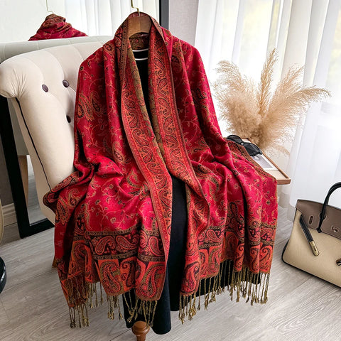 Tassel Blanket Design Thick Pashmina Winter Warm Shawl Wrap Paisley Pattern Scarf Women Neckerchief Poncho Stoles