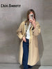 Vintage Khaki Reversible Plaid Trench Coat Women Loose Lapel Single Breasted Pocket Full Sleeve Jacket Autumn Lady Outwear