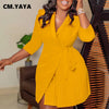 Women Lace Wrap Notched Neck Pleated Blazer Style Dress Office Lady Vintage Sexy Party Three Quarter Sleeve Dresses