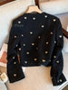 Autumn Winter Heart Buckle Black Wool Tweed Short Jacket Coat Women Vintage Long Sleeve V Neck Wave Cardigan Outwear Top