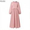 Muslim Kaftan Long Dress Hijabs Women Lantern Sleeves Lace-Up Solid Color Pleated Maxi Dress Islamic Woman Abaya Robes