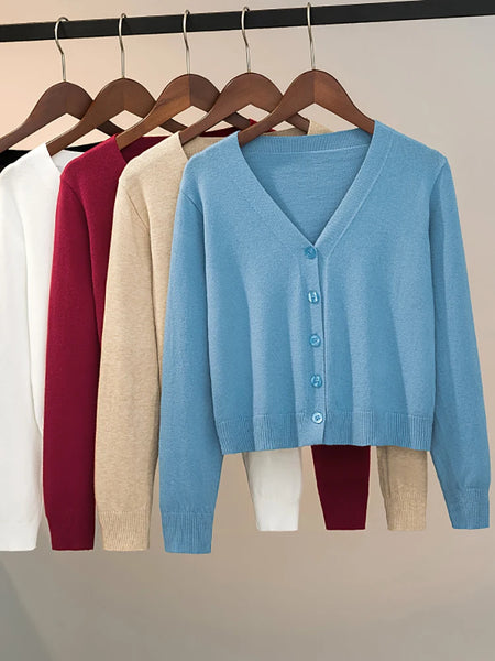 Sweater Knitted Cardigan Button Jacket Spring Autumn V-neck Long Sleeve Casual Short Tops For Women Sweater Grey White