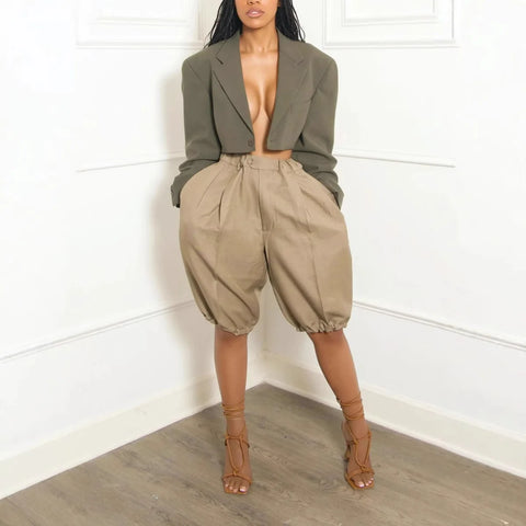 Women's Loose Casual Bloomers Leggings Pockets Elastic Wasit Solid Capris High Street Vintage Trousers