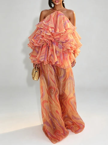 Women Halter Off Shoulder Ruffle Maxi Dress Orange Print Sheer Organza Long Evening Gown Elegant Party Wedding Guest Dresses