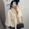 Chic Solid Woolen Cropped Cloak Coats With Belt Women Autumn Stand Collar Long Sleeve Jacket Elegant Street Outerwear