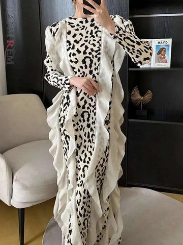 Elegant Women's Pleated Dress O-neck Long Sleeve Leopard Print Patchwork Long Dresses Spring 2DE161