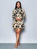 Autumn High Neck Floral Leaf Print Long Sleeve Women's Dress Waist Cinching Mini A-Line Skirt Casual Elegant Style