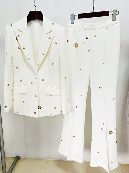 High Street Designer Runway Suit Set Women's Slim Fit Single Button Rivet Eyelet Lapel Blazer Pants Set 2pcs