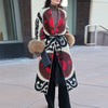 Vintage Ethnic Geometric Print Coat Women Belted Waist Faux Fur Cuff Patchwork Open Front Maxi Robe Autumn Winter Chic Cardigan