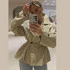 Women's Khaki Short Trench Coat Chic Lapel Collar Single Button Drawstring Waist Adjustable Oversized Jacket Commuting Outerwear