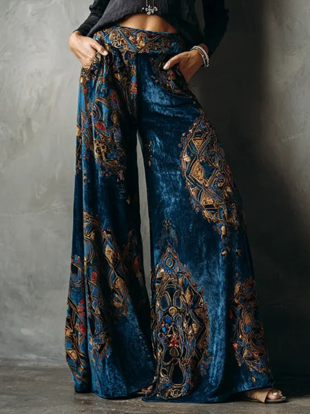 Wide Leg Pants Women Retro Ethnic Style High Waist Velvet Trousers Casual Vintage Pantalon Femme Pocket Loose Bottoms