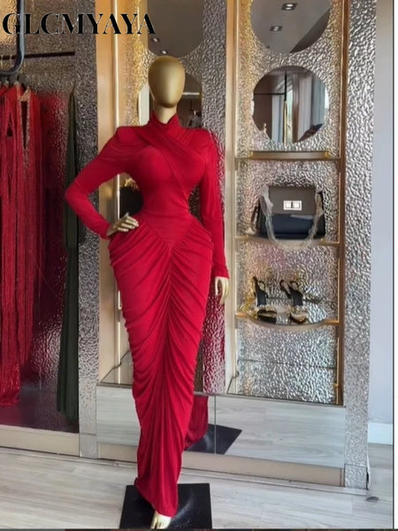 Women High Neck Cutout Back Stacked Ruched Bodycon Midi Maxi Dress Street Sexy Party Education Long Dresses Vestido
