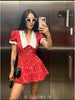 Red Floral Print Peter Pan Collar Dress Women Puff Sleeve V Neck Button Down A-line Mini Dress Lady Weekend Getaway Robe