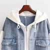 Spring Autumn Fake Two Piece Denim Jacket Women Loose Splicing Cardigan Hooded Baseball Coat Female Casual Ladies Tops