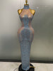 Sexy Sparkly Silver Rhinestone See Through Mesh Long Dress Women Evening Birthday Party Bar Stage Show Costume