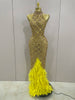Sparkly Red Rhinestones Feather Sexy Mesh See Through Long Dress Women Birthday Evening Nightclub DJ Dancer Stage Costume