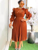 Women Vintage Elegant Pleated A Line Midi Dress with Ruffle Sleeves Stand Collar Rhinestone Stylish Formal Evening Party Outfits